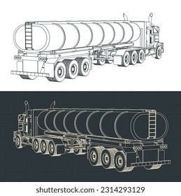 Stylized vector illustrations of blueprints of truck with tanker trailer