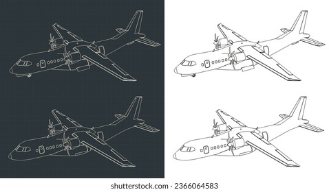 Stylized vector illustrations of blueprints of turboprop transport aircraft