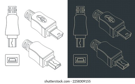 Stylized vector illustrations of blueprints of USB mini male plug