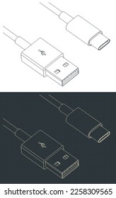 Ilustraciones vectoriales estilizadas de planos de cable USB tipo A a USB tipo-C