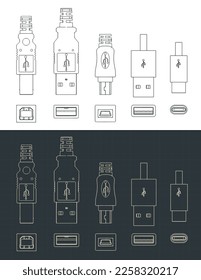 Ilustraciones vectoriales estilizadas de planos del conjunto de enchufes USB