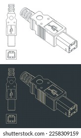 Stylized vector illustrations of blueprints of USB-B Plug