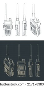 Stylized vector illustrations of blueprints of walkie-talkie