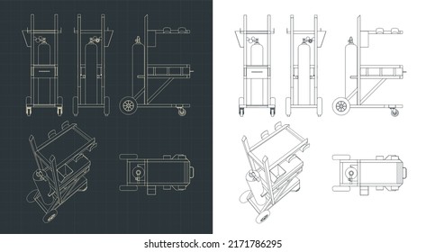Stylized vector illustrations of blueprints of welding cart
