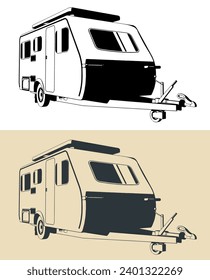 Stylized vector illustrations of camping trailer with lift-up roof