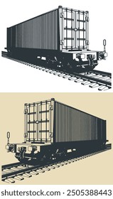 Stylized vector illustrations of a cargo railway platform with a container