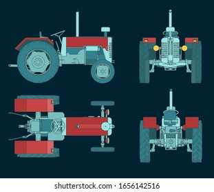 Stylized vector illustrations of a cartoon Tractor colorful blueprints