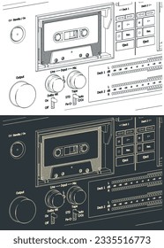 Stylized vector illustrations of a cassette deck of a tape recorder close-up