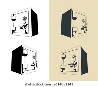 Stylized vector illustrations of a classic safe box