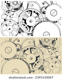 Stylized vector illustrations of a clock mechanism close-up