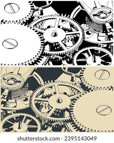 Stylized vector illustrations of a clock mechanism close-up