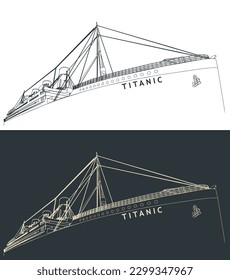 Stylized vector illustrations of close-up sketches of Titanic