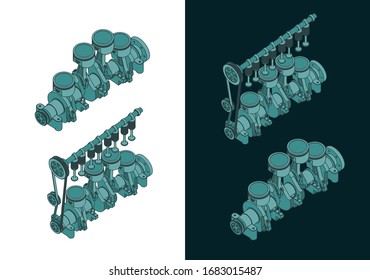 Stylized vector illustrations of color drawings of Piston group with crankshaft
