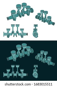 Stylized vector illustrations of color drawings of Piston group with crankshaft