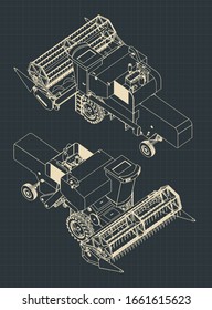 Stylized vector illustrations of a Combine Harvester blueprints isometric view