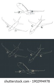 Stylized vector illustrations of commercial passenger airplane drawings