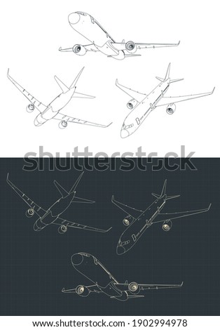 Stylized vector illustrations of commercial passenger airplane drawings