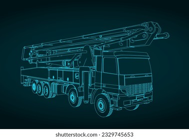 Stylized vector illustrations of concrete pump truck