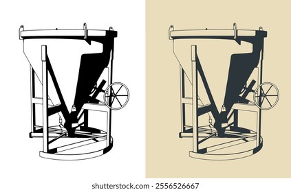 Stylized vector illustrations of a conical concrete bucket