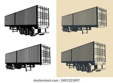 Stylized vector illustrations of container semi trailer