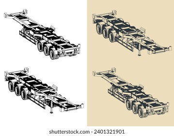 Stylized vector illustrations of container semi trailer