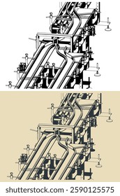 Stylized vector illustrations of a conveyor production line close-up