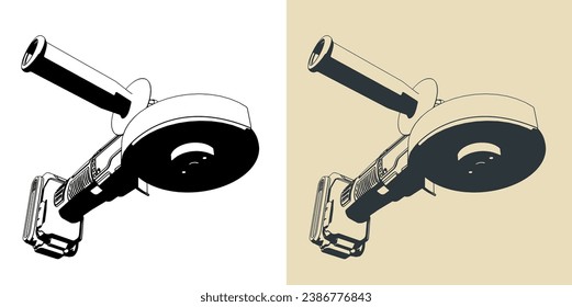 Stylized vector illustrations of cordless angle grinder