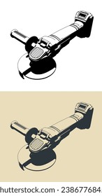Stylized vector illustrations of cordless angle grinder
