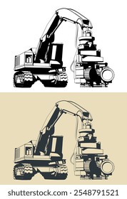 Stylized vector illustrations of a crawler forestry harvester