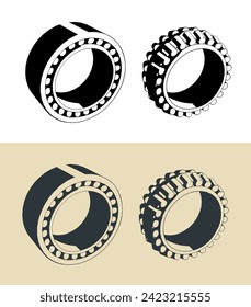 Stylized vector illustrations of a double row cylindrical roller bearing