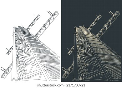 Stylized vector illustrations of drawings of antenna tower