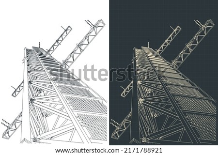 Stylized vector illustrations of drawings of antenna tower