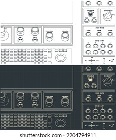 Stylized vector illustrations of drawings of CNC control panel close up