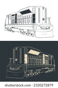 Stylized vector illustrations of drawings of diesel locomotive