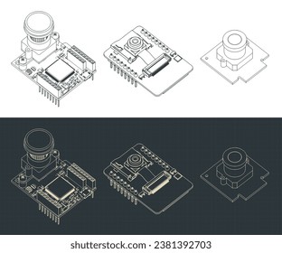 Stylized vector illustrations of drawings of different camera modules on circuit boards