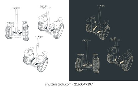 Ilustraciones vectoriales estilizadas de dibujos de una motocicleta de autoequilibrio eléctrica