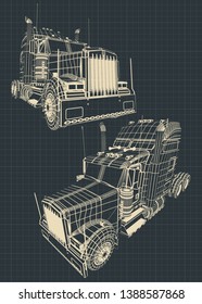 Stylized vector illustrations of drawings of a large truck.