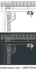 Ilustraciones vectoriales estilizadas de dibujos de una grúa de puerto grande cerrada