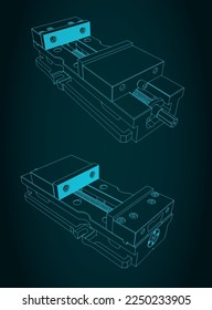 Stylized vector illustrations of drawings of machine vice