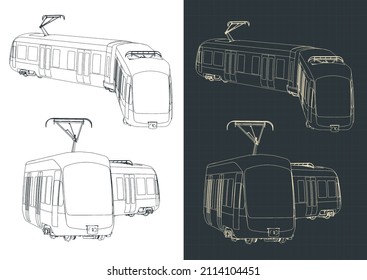 Ilustraciones vectoriales estilizadas de dibujos de un tranvía moderno