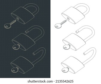 Stylized vector illustrations of drawings of padlock with key in different positions