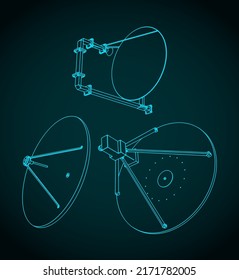 Stylized vector illustrations of drawings of parabolic antennas