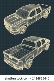 Stylized vector illustrations of drawings of a pickup truck