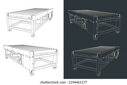 Stylized vector illustrations of drawings of roller conveyor