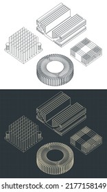 Stylized vector illustrations of drawings of a set of heatsinks for processors, memory chips and other microelectronics components