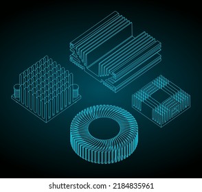 Ilustraciones vectoriales estilizadas de dibujos de un conjunto de disipadores térmicos para procesadores, chips de memoria y otros componentes microelectrónicos