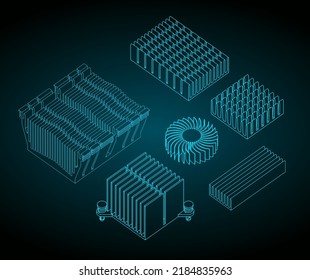 Stylisierte Vektorgrafiken von Zeichnungen eines Kühlkörpers für Prozessoren, Speicherchips und andere Mikroelektronikkomponenten