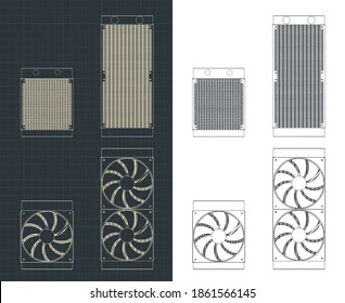 Ilustraciones vectoriales estilizadas de dibujos de radiadores de refrigeración de agua para procesadores y tarjetas de vídeo de diferentes tamaños y tipos