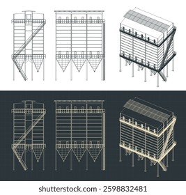 Stylized vector illustrations of dust extraction system blueprints