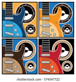 Stylized vector illustrations of electric guitar and speaker system